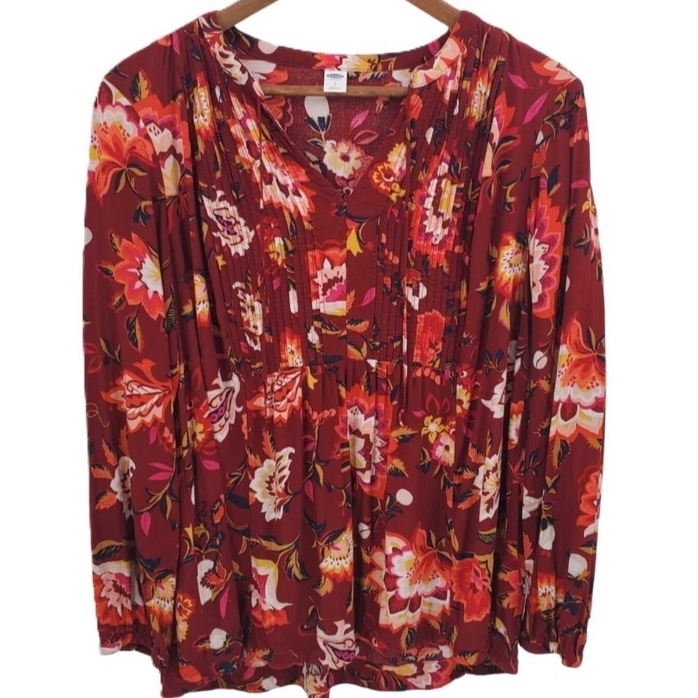 Old Navy Womens L Burgundy Floral Blouse Boho‎ Romantic Cottagecore Layering